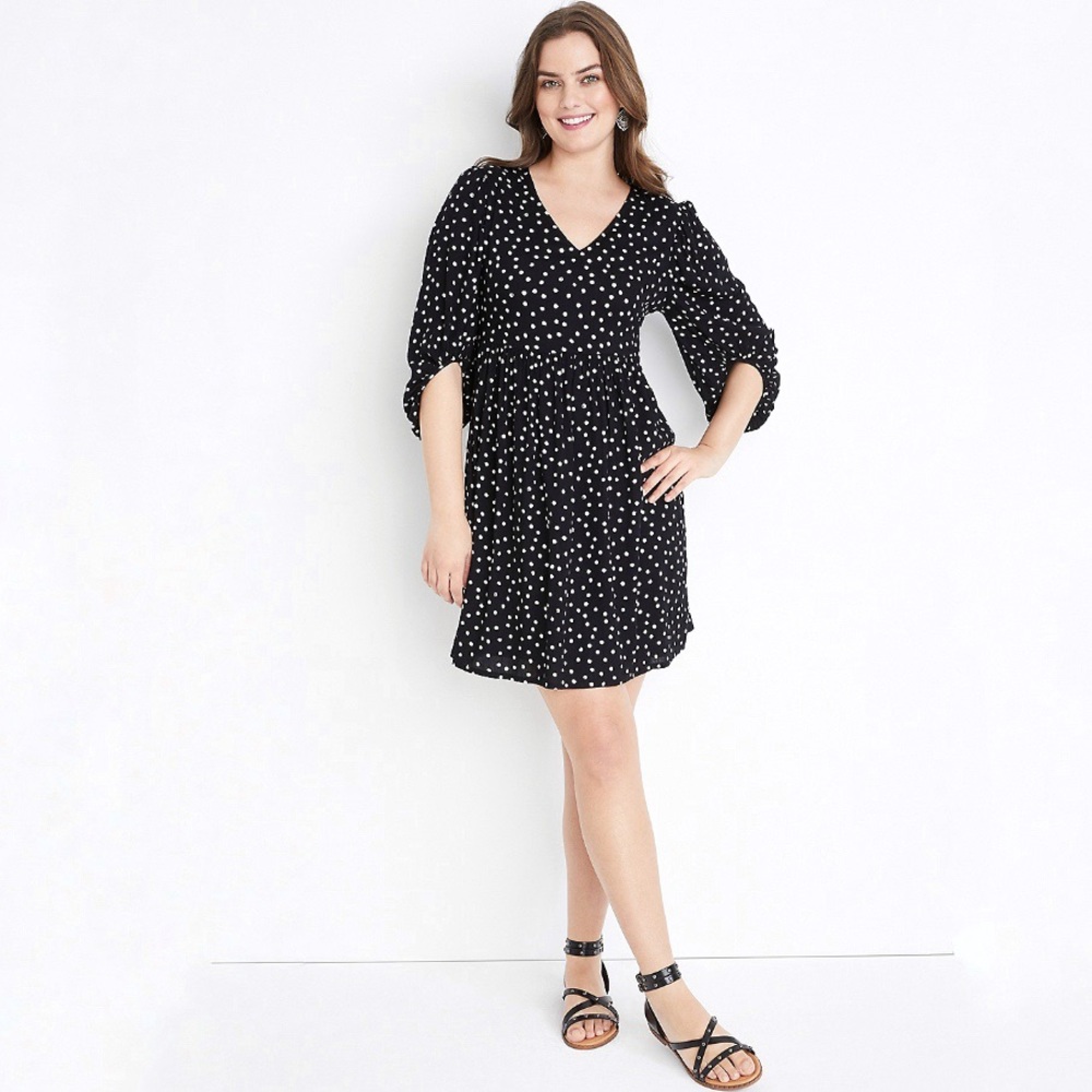 MAURICES Black Polka Dot Babydoll Mini Dress 3/4 Sleeves Tie Back Sz M